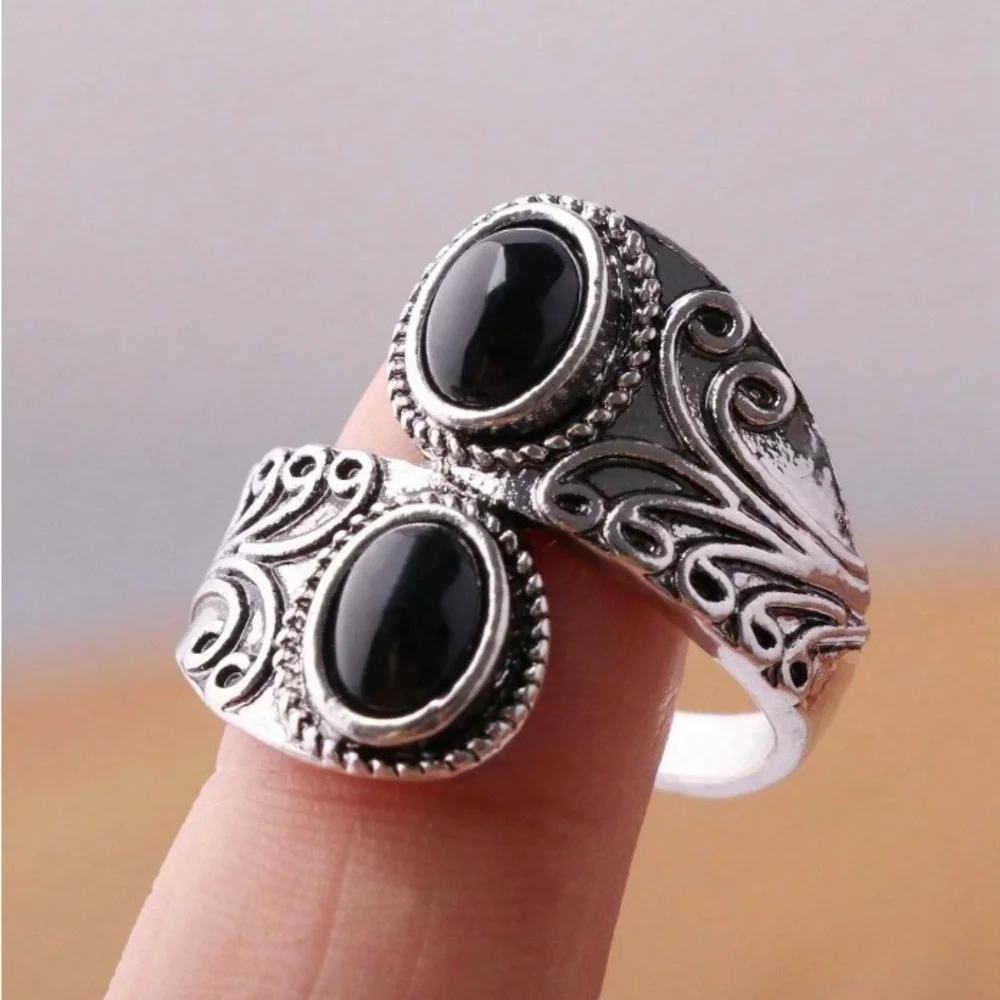 Silver Black Onyx Bypass Ring